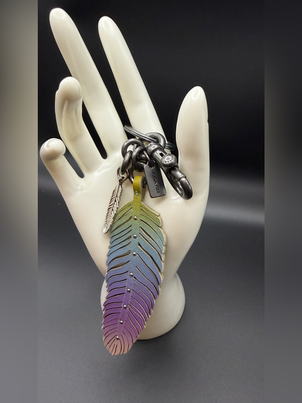 Coach Multicolor Rainbow Leather Feather Keyring Charm with Silver Hardware